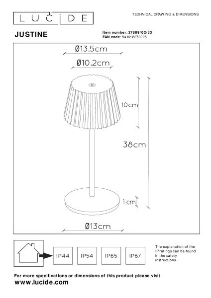 Lucide JUSTINE - Lámpara de mesa Recargable Dentro/Fuera - Batería/acumulador - LED Regul. - 1x2W 2700K - IP54 - Con estación de carga inalámbrica - Verde - técnico